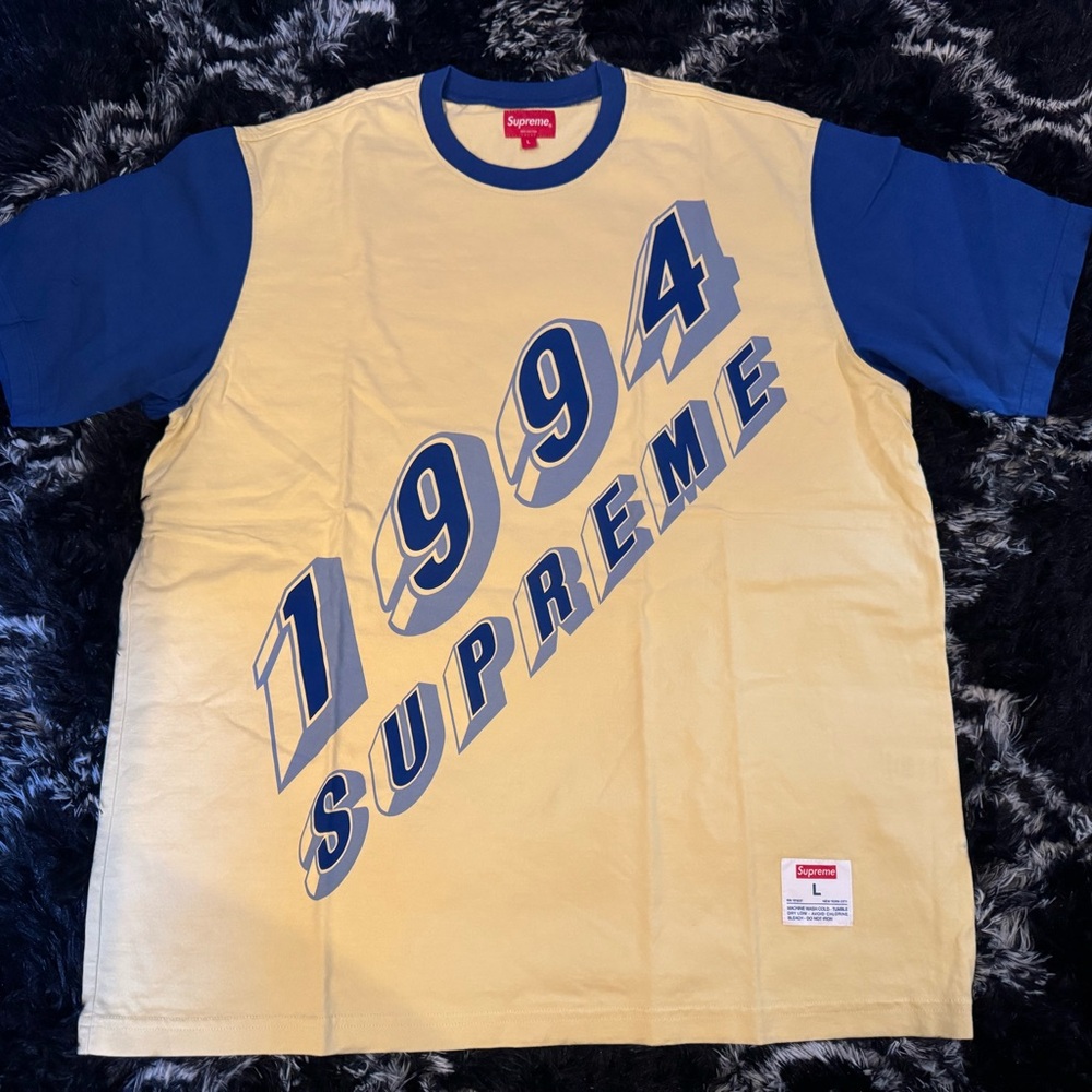 Supreme Bevel Text Ringer Tee Men Size Large Blue & Yellow